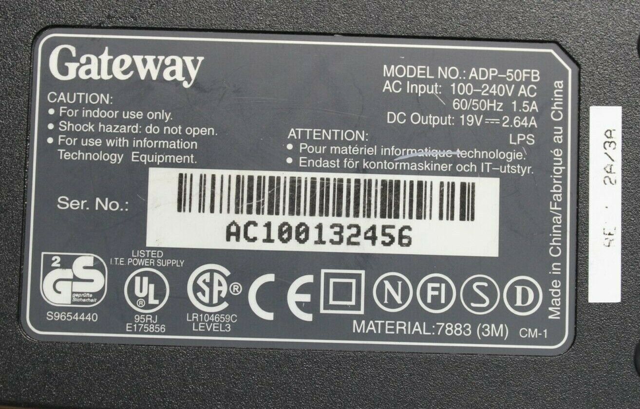 Gateway ADP-50FB Power Supply AC Adapter Input 100-240V 60/50Hz Output 19V 2.64A Brand: Gateway Type: Adapter MPN: